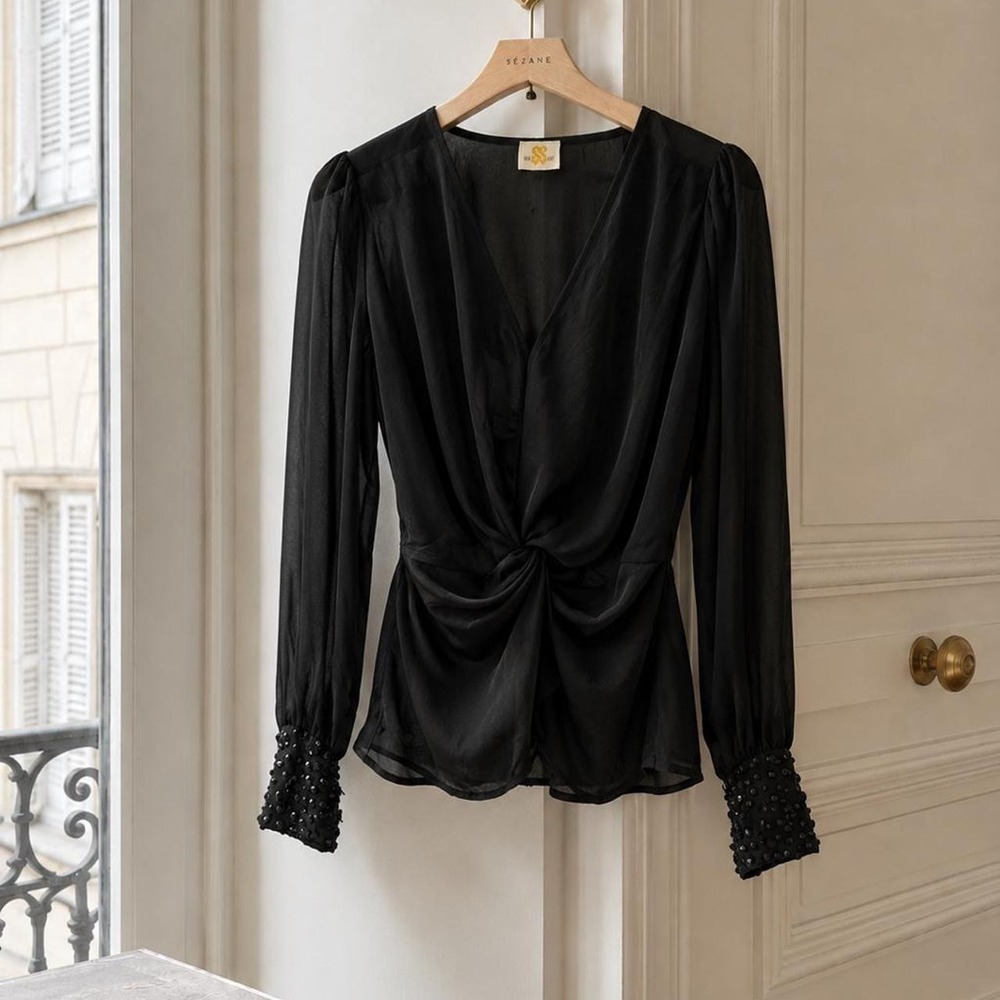 Black Long Sleeve Blouse Peplum with Jeweled cuffs | Small